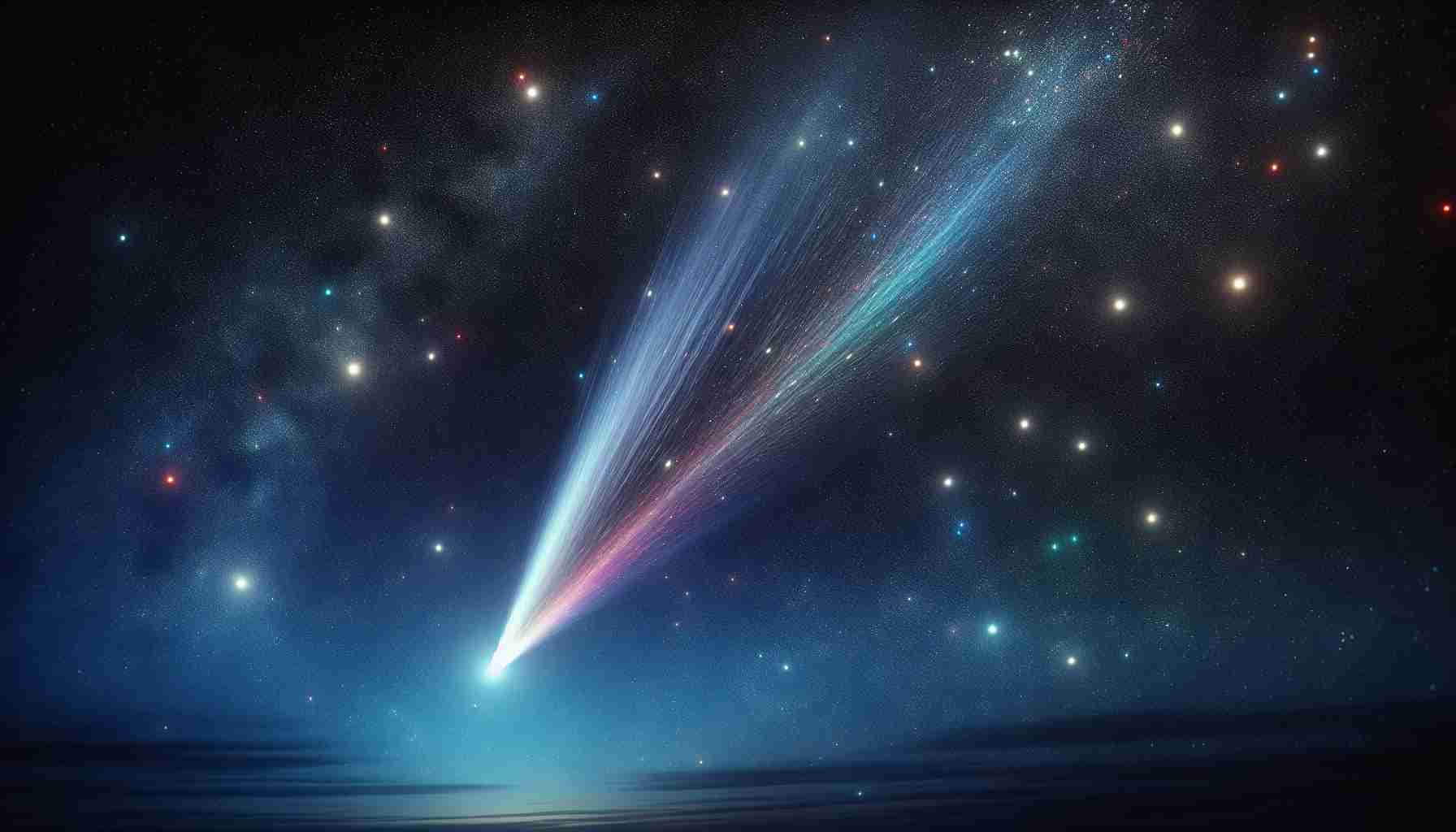 An HD realism-style image showing a clear night sky, providing the final glimpse of a rare comet streaking across the vast celestial expanse. The tail of the comet is long and radiant, shimmering with diverse colors. The constellation-filled sky serves as the backdrop to this extraordinary astronomical phenomenon. Work the comet's finite fleeting journey into the scene, as it provides a vivid contrast to the eternal stars twinkling in the background.