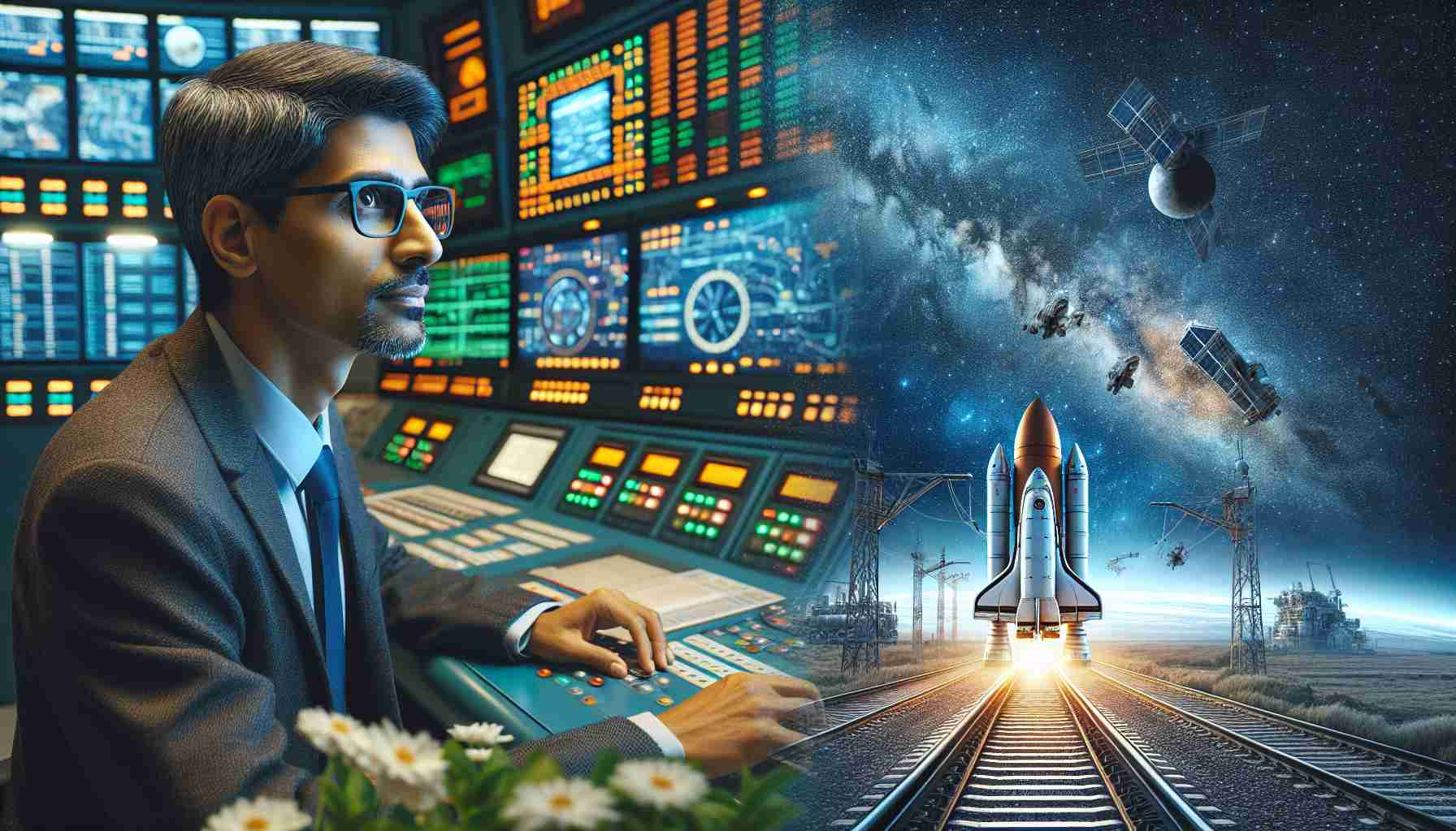 A high-definition, realistic image showcasing the metaphorical journey of a South Asian male professional from working with Indian Railways to exploring outer space. In the image, include elements like a railway control room filled with monitors and switches, a man looking intently at the screens, train tracks transitioning beautifully into a star-studded night sky, and a spacecraft soaring into the unending expanse of the cosmos. The man is in his late 40s, wearing glasses, with a gentle smile on his focused face as he gazes onto his past, present, and future.