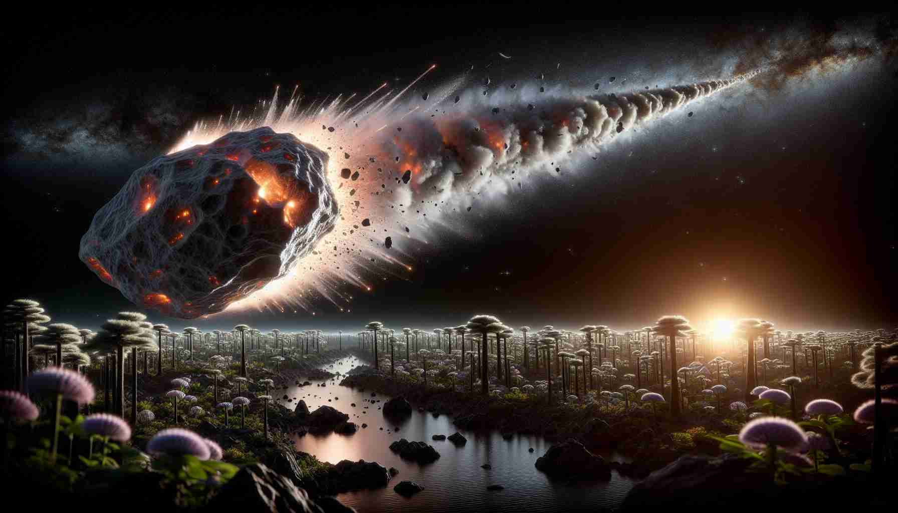 An extremely detailed, high-definition image portraying the significant impact of a massive space rock on Earth during its early life stages. The scene features the cosmic object, looking breathtakingly large, streaking across a dark, starry sky, making its lupine dash for the planetary surface. As it shatters upon impact, a fiery explosion ensues, creating a mushroom-shaped cloud, backlit by the devastating heat. In the surrounding area, we witness the emergence of new forms of life in response to this astrophysical event, with various plants sprouting and early creatures evolving rapidly, indicating the significant effects of these cosmic events on the genesis of life.