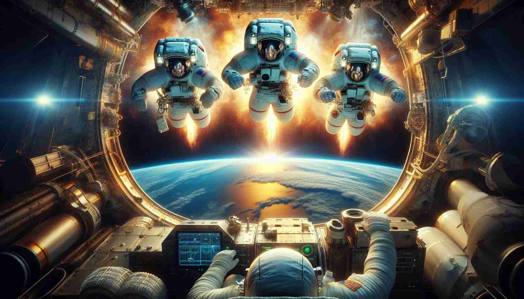 A highly realistic, high-definition photograph displaying three astronauts, each of different descent namely, Caucasian, South Asian and Hispanic. They are safely returning to earth in a spacecraft from an international space mission. The spacecraft is entering the earth's atmosphere amidst dramatic, fiery re-entry effects. The astronauts wearing their suit and helmet, bear expressions of relief and anticipation as they prepare to land back on Earth. The view through the spacecraft window reveals the vast expanse of blue ocean below.