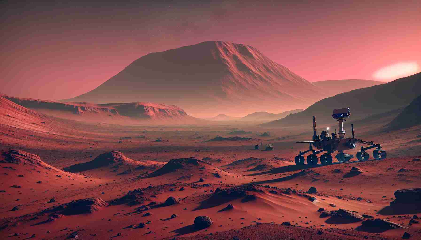 Generate a realistic high-definition image of the Martian landscape exploration. The scene should showcase a vast expanse of reddish-brown sand and rocky terrain under a pinkish sky. Visible in the scene should be a rover, its robotic arm extended, analyzing the Martian soil. To the left background, looming large, should be Olympus Mons, the tallest volcano in the solar system. In the far distance, catch a view of the thin, blue sunsets that Mars is known for.