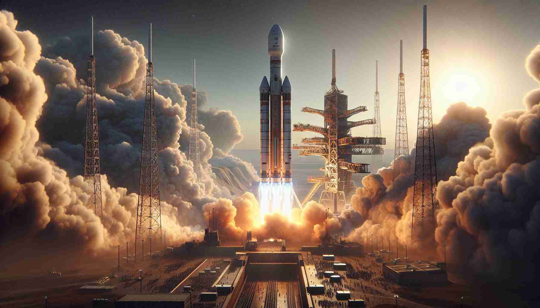 Generate a high-definition, realistic image depicting the launch of a mission by the European Space Agency. The spacecraft, named Voyager, is embarking on a new chapter in space exploration. The scene features an expansive view of the launch site, the towering rocket on its launch pad, columns of smoke and steam erupting from the engines, and the surrounding spectators watching in awe as the journey to the unknown commences. The clear blue sky above contrasts the fiery spectacle, while the distant stars silently bear witness to this significant moment.