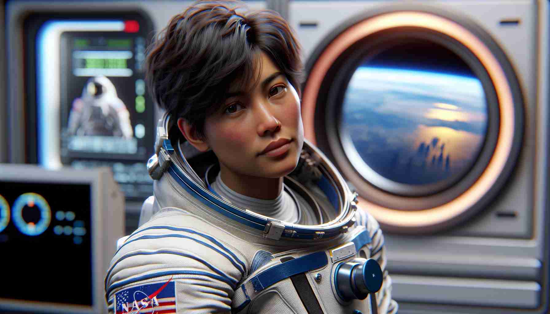 Realistic high-definition photo of a South Asian female astronaut, wearing a NASA spacesuit, after a successful space mission. She appears tired yet triumphant, with her helmet off, showing her short dark hair. The backdrop portrays a recovery area typical to space missions, with a blurred image of the Earth beautifully visible through a porthole in the background.