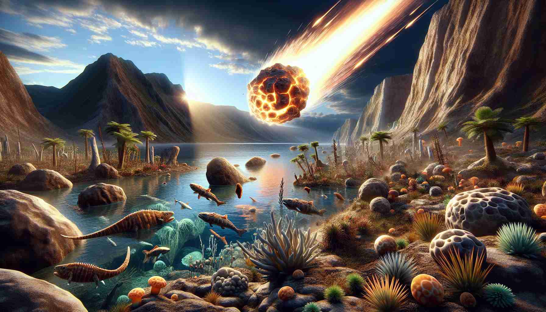 A realistic, high-definition image of the moment of impact when an ancient meteorite hits the Earth. Surrounding the meteorite, various early life forms react to the event. These life forms may include ancient plants and early aquatic micro-organisms. The setting is a primitive landscape with rugged terrain, bodies of water, and abundant plant life. The meteorite itself is glowing hot and streaks through the sky, bringing with it an array of colours from its heat. Visualize the profound moment and how it might have affected the course of evolution.