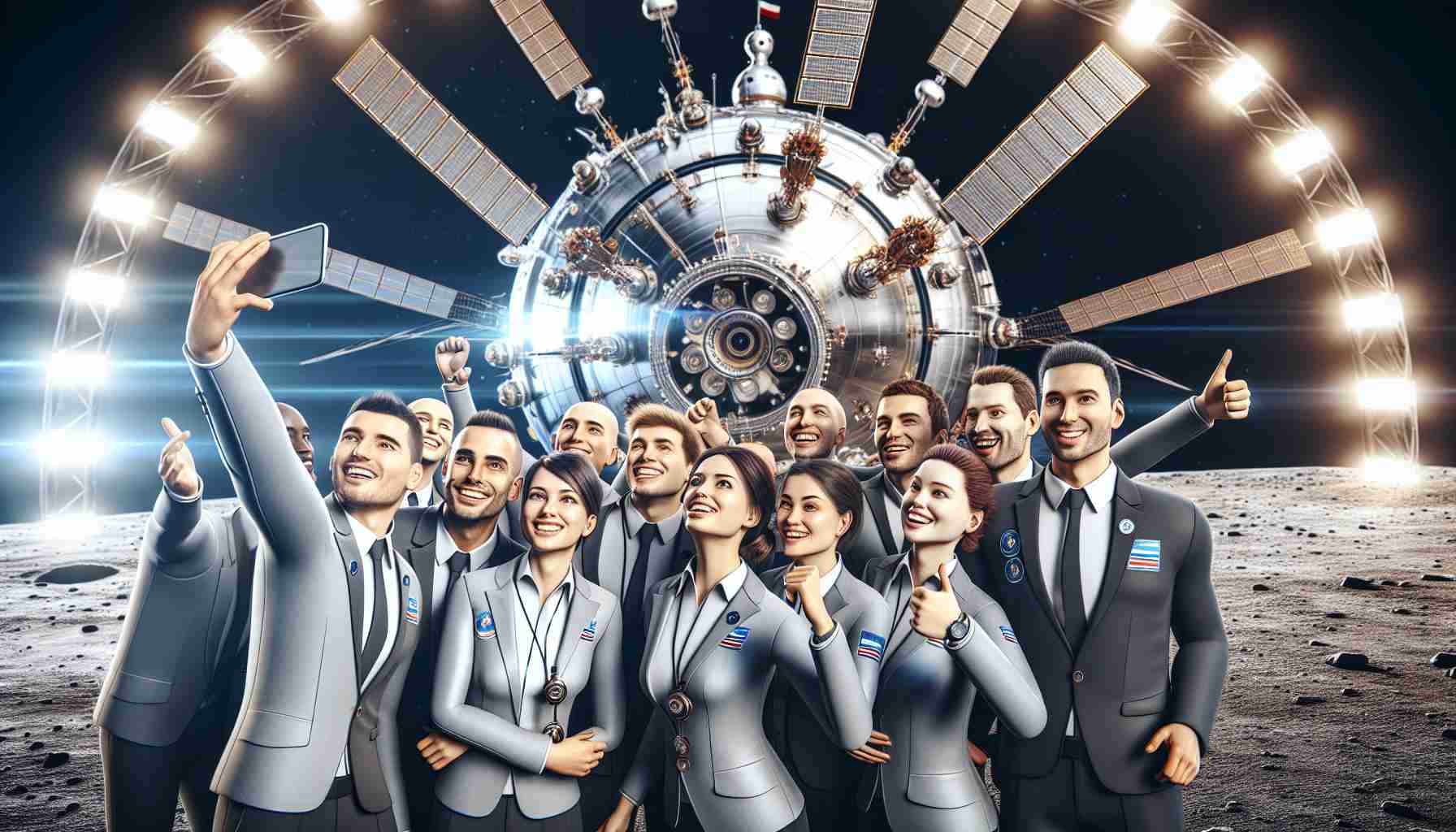 High definition, realistic illustration of an event where the team of a private space exploration company is celebrating the success of their historic mission. They are capturing their excitement and joy via a groundbreaking selfie. The team consists of a diverse range of individuals in terms of descent and gender, all wearing the company's uniform. In the background, one can see the gleaming metallic structure of their spacecraft, symbolic of their achievement.