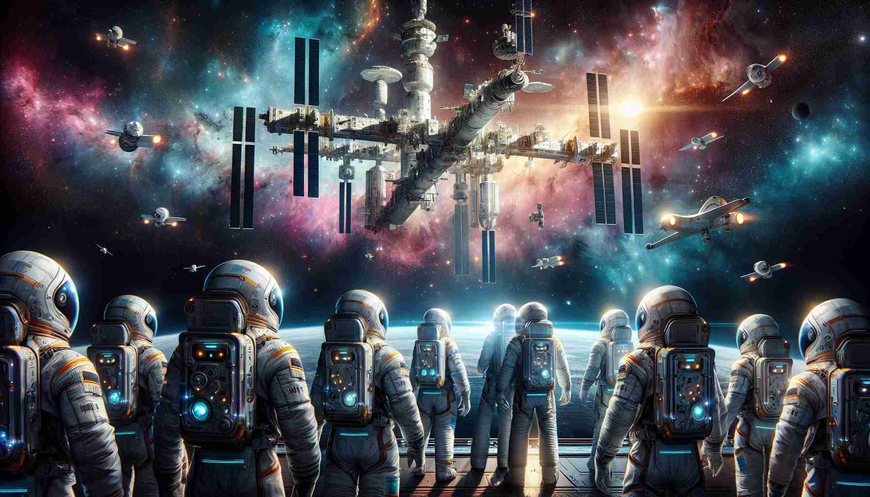 Create a vibrant and detailed realistic image showcasing the concept of space tourism. Visualize a group of future tourists comprised of both men and women of diverse descents like Caucasian, Hispanic, Black and Asian. They are adorned in cutting-edge space suits, looking in awe at a majestic space station hanging in the black, star-studded space. Deftly navigating their futuristic shuttle, they gracefully approach the space station under the ethereal glow of an enchanting nebula and distant galaxies. This high-definition image paints a speculative view of exploration and the new horizon in space tourism.