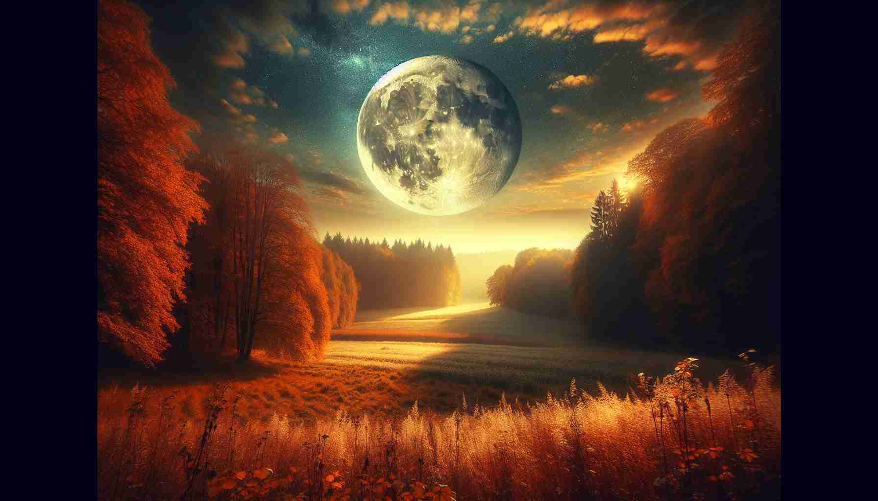 Generate an ultra high-definition, realistic image capturing the theme of 'New Beginnings'. The central element should be the Hunter's Moon, an autumnal moon that is rich and full, bathing a landscape below in its gentle, calming glow. Show signs of nature transitioning from one season to the next, capturing the essence of change and rebirth associated with the Hunter's Moon. The environment may consist of a serene forest with leaves in the midst of changing color, or a tranquil field preparing for harvest. The intensity of the Hunter's Moon should illuminate the scene below with a sense of hopefulness and renewal.