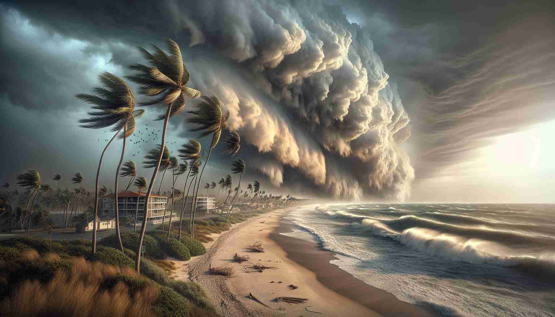 Craft a high-definition, realistic visual capture of an impending tropical storm impacting a coastal zone in Florida. The image should exhibit turbulent, dark cloud formations dotting the sky, swaying palm trees in response to strong winds, agitated sea with substantial waves wrecking into the shore, and sporadic rainfall. Vacant beachfront properties and deserted sandy beaches bear testament to the approaching tempest. A smattering of local birds can be seen hurriedly retreating from the scene.