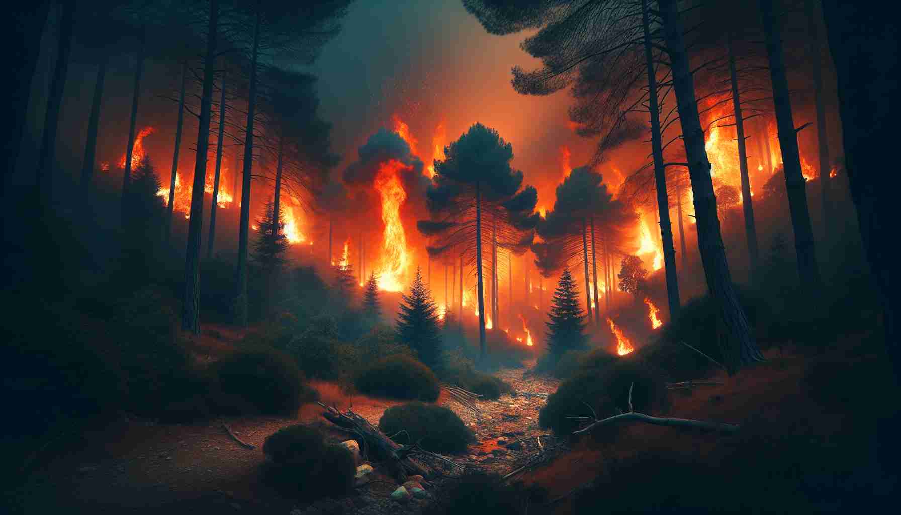 Generate a realistic high definition image of a wildfire breaking out in a remote, rustic region characterized by dense forests and untouched nature, particularly in an area evocative of Arcadia, Greece. The scene should capture the intensity of the flames cutting through the calm of the wilderness, rising high and turning the peaceful night sky into a furious spectacle of orange and red.