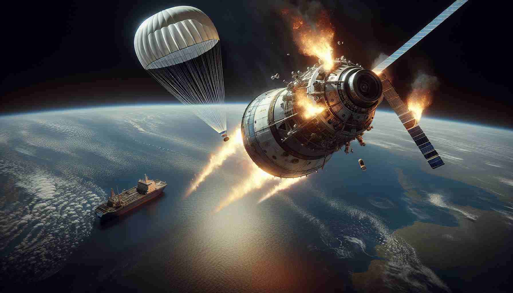 A detailed and realistic illustration in high resolution, depicting the safe return of a space crew after a lengthy mission. In this scene, a modern spacecraft, not tied to any specific real-world company, can be seen plunging through the Earth's atmosphere, fire licking at its heat shield. Parachutes gently unfurl from the top of the vessel guiding it toward the ocean below. The ocean surface is calm with a recovery vessel standing by, eagerly anticipating the return of the spacecraft and its crew members. Express the vastness of the sky and the tense moment of re-entry.