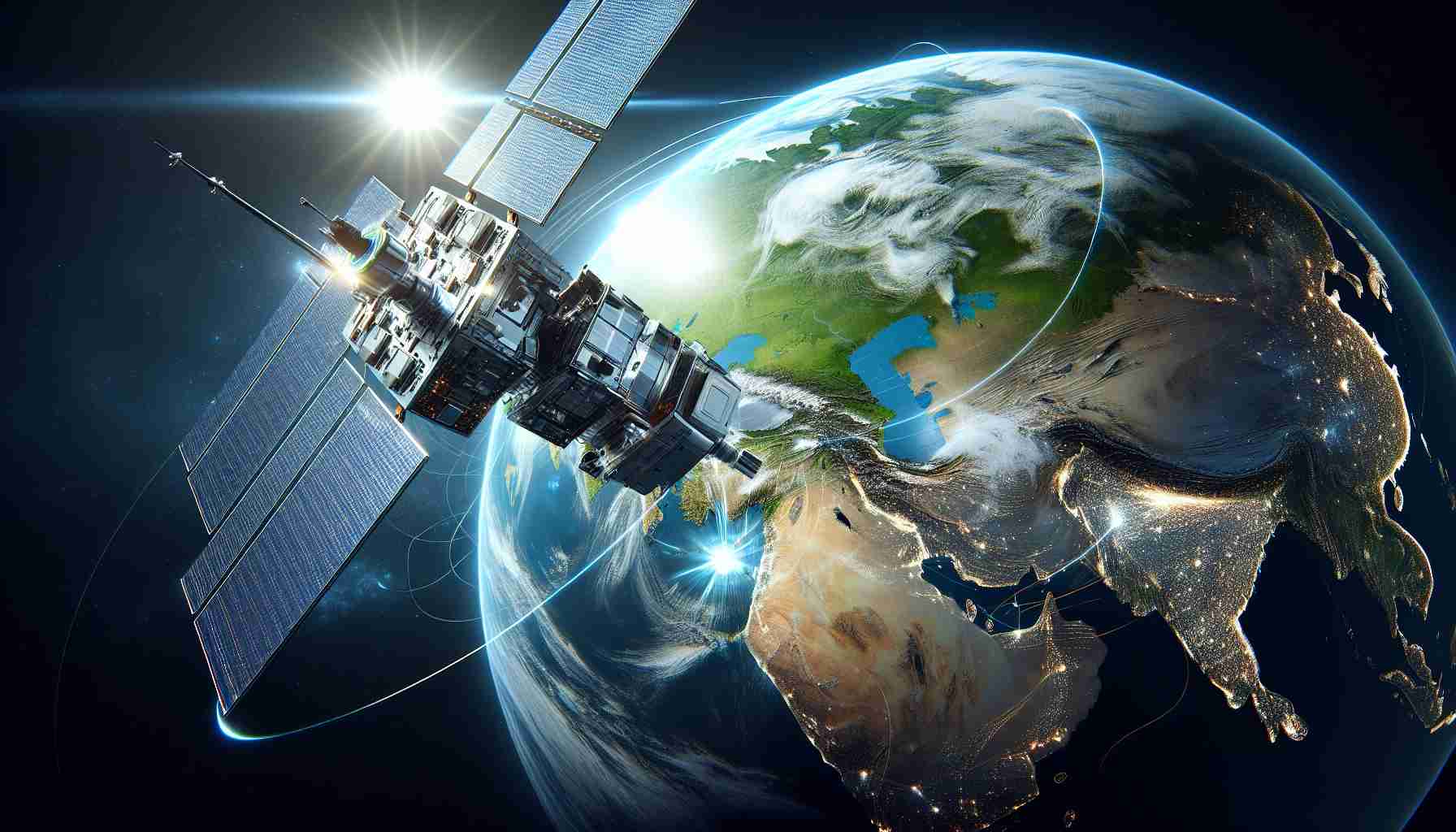 A high-definition image depicting the concept of revolutionizing environmental monitoring. This image should visualize elements of advanced technology, such as a next-generation satellite in space, bettering the monitoring of the Earth's environment. Display the Earth in rich detail highlighting its different ecosystems from a space perspective. Also illustrate communication signals between this satellite and a ground station, indicating the transfer of crucial environmental data. Hint towards an innovative future for environmental science through sleek, futuristic design of the satellite and its sophisticated functionalities.