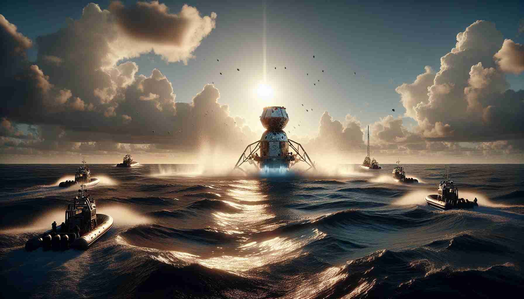 High-definition realistic representation of a Crew-8 mission by a leading private space company, completing its historic journey with a splashdown. The image should depict the spacecraft just as it's touching the ocean, surrounded by recovery boats. The sky is clear with sun setting in the background, adding a golden hue to the scene. Clouds scattered lightly across the sky. Waves are gently lapping around the descending spacecraft. Create an atmosphere of achievement, scientific advancement, and monumental success.