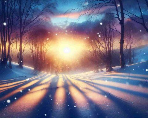 Create a photo-realistic, high-definition image capturing the beauty of the winter solstice. The scene should depict sunlight filtering through bare trees, casting long shadows on fresh snow. Flecks of snowflakes should be caught in the light, adding a magical sparkle to the scene. In the distance, a warm glow of a setting sun can be seen, its light soft and yellow, contrasting with the cold blue of the winter landscape. The sky should represent the transition from day to night, merging hues of pink, blue, and purple, enhancing the sense of serene tranquillity.