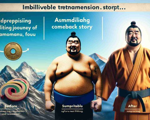 A high-definition, realistic image displaying the health journey of an incredibly remarkable comeback story of a anonimous, famous sumo wrestler. The image should capture a before-and-after view, showing admirable changes with a focus on fitness and commitment. Strive for surprising, highly detailed visuals to emphasize the unbelievable transformation.