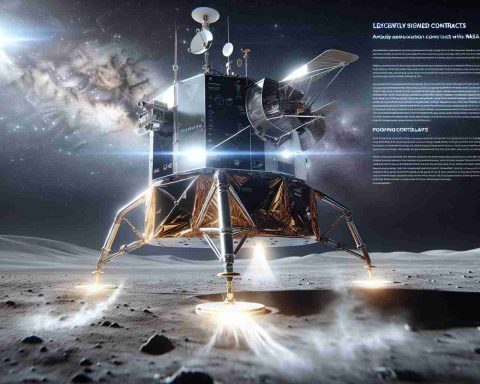 A realistic, high-definition image of an Intuitive Machines' lunar lander soaring through the vast expanse of space, illustrating an exciting announcement of new contracts with NASA. The image captures the specifics of the lunar lander: its sleek, modern design, reflecting panels, communication antennas, protruding landing gears, and a plume of thrust coming out from its base that signifies its movement. Against a backdrop of the star-filled cosmos and distant galaxies, text surrounds the lunar lander, proudly announcing recently signed contracts with NASA.