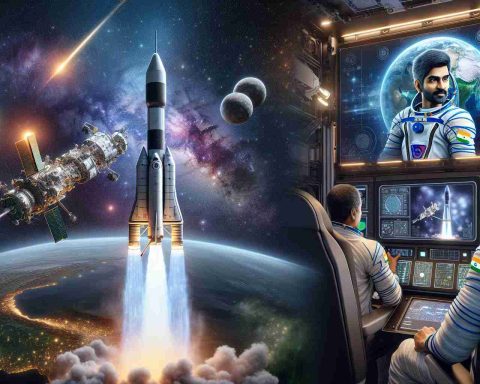 A realistic high definition image representing India's space ambitions. Depict a giant leap forward showcasing an advanced spacecraft blasting off against a starry sky, with Earth visible in the background. Also, include a visualization of a hypothetical crew: a South Asian male astronaut looking at a monitor within the spacecraft and a South Asian female astronaut preparing to take a spacewalk, highlighting the readiness for crewed missions.