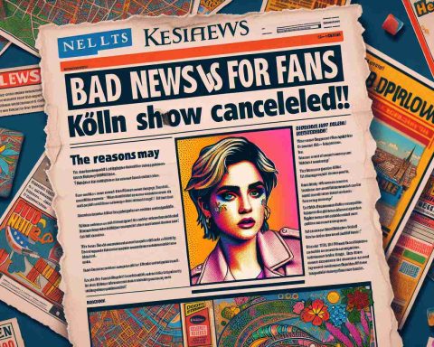 Generate a high-definition photo distinctly illustrating the concept of a concert cancellation in Köln (Cologne, Germany) for a popular, non-specific, female pop singer. There's a bold headline stating 'Bad News for Fans: Köln Show Canceled! The Reasons May Surprise You.' Include a bit of surprise element in the image.