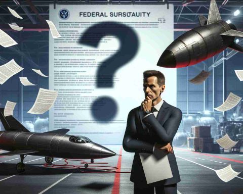 A realistic, high-definition image of a middle-aged Caucasian businessman standing nervously under the imposing shadow of a large question mark. The question mark represents federal scrutiny. There are various documents flying around him, symbolizing the subject of national security compliance. In the background, we see a futuristic aerospace company workshop, representing SpaceX, subtly shaded in jeopardy red.