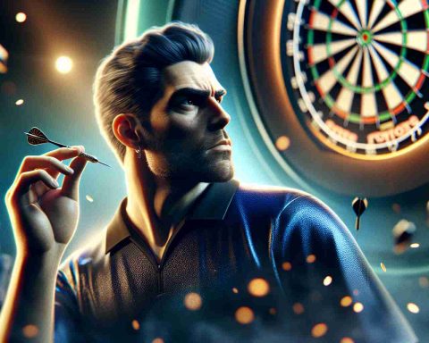 High-definition and realistic image of a strong male athlete excelling in the World Darts Championship. The character is at peak of his success, the momentum is palpable. He has a steely concentration and precision which are trademarks of great dart players. Yet there is a spark of exuberance and excitement. The atmosphere around him is tense and expectant, everyone is keenly watching his every move, hoping he maintains the winning streak. The dart board is sharply visible in the background, its intricate pattern catches your eye. One can almost hear the cheers and applause of an excited audience.