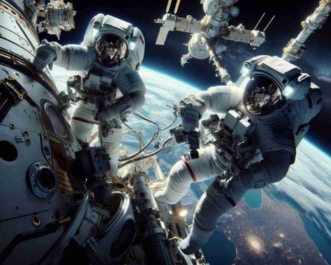 Generate an ultra-high-definition (UHD) image depicting an exciting scene of a daring spacewalk adventure. The image should showcase two cosmonauts, one of Caucasian descent and the other of South Asian descent, both in fully equipped space suits, tethered to a spacecraft. They should be working on a task outside the spacecraft, surrounded by the endless expanse of space. Earth should be visible in the background, providing a stunning contrast to the darkness of space. The emotion of triumph and exhilarating thrill of exploration should be evident in the scene.