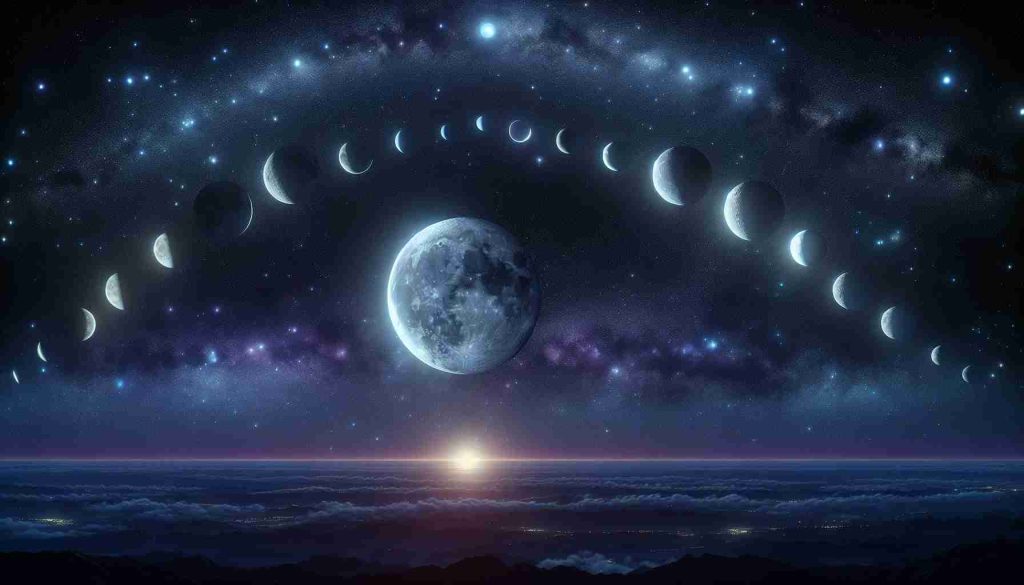 Realistic high-definition image displaying the night sky filled with stars. Depict a rare lunar alignment set to take place. The moon and other celestial bodies align in an unusual formation, creating a spectacular view. The starry background enhances the uniqueness of the event. The sky is dark, with varying shades of deep blues and purples, sprinkled with twinkling stars. The moon shines brightly, and the alignment is clear, the array of individual bodies making a rare and spectacular pattern. The image conveys a sense of anticipation and excitement for the celestial spectacle.