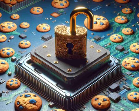 Realistic high-definition image of an abstract concept: Unlocking the Secret of Cookie Permissions. Think of a giant gold key turning in an ornate lock, set within a computer motherboard. Surrounding the motherboard, a myriad of cookies in various shapes and sizes, representing the idea of 'cookies' in the virtual world. There is a distinct contrast between the physical and virtual concept.