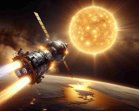 A high-definition, realistic image of human's most ambitious step towards the Sun. It displays a huge spacecraft, shiny, and equipped with advanced technology, as it embarks on a mission to unravel the mysteries of the Sun. The distant, radiant Sun looms large on the backdrop, casting a warm golden hue on the ship's metallic exterior. Trails of fire, sparks, and smoke emanate from the rocket's engines, representing the energy and power that propel it towards the solar giant. The Earth, reduced to a small sphere, is seen in the backdrop, signifying the distance covered so far and the bold ambition of mankind in space exploration.