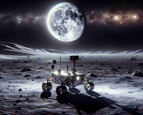 Generate a high-definition realistic image of the 'Gaze Up! The Cold Moon Event'. Display the varying hues of the moon's surface as it is lit brightly against an inky black sky speckled with distant stars. In another section of this image, depict an artificial intelligence-driven rover on the lunar surface, carrying out various tasks in the harsh lunar environment. The rover's metallic chassis glistens under the moonlight and it continues to advance, exploring the moon's desolated landscape.