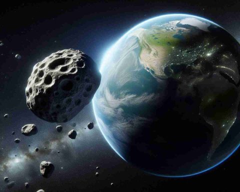 Create a high definition, realistic depiction of a close encounter with an asteroid. The image should display an asteroid passing ominously close to a blue-green planet, likely Earth, with outer space as the backdrop. The asteroid should be pitted and marked, with the bumps and craters that signify its long journey through space clearly visible. Nearby, stars should twinkle in the dark abyss, illuminating the asteroid's path.