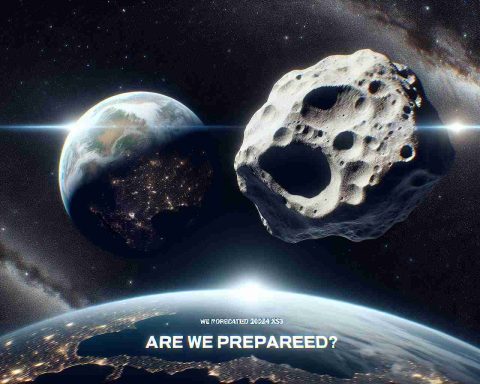 Realistic high-definition image of asteroid 2024 XS3 in close proximity to Earth. The outer space environment twinkles with distant stars. Branded with a question in bold print across the bottom - 'Are We Prepared?' sparking curiosity and evoking concern for potential threats from the cosmos.