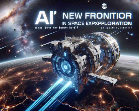 A high-definition, realistic depiction of the futuristic concept of artificial intelligence playing a significant role in space exploration. This could manifest as an advanced spacecraft, showing indication of AI technology, journeying through the vastness of space amidst stars and galaxies. Text overlays stating 'NASA’s New Frontier: AI in Space Exploration! What Does the Future Hold?'