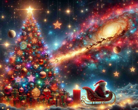 Generate a high-definition image showcasing the concept of a 'Cosmic Christmas'. This will include elements such as a vibrant galaxy backdrop filled with stardust, nebulae, and twinkling stars. Include festive elements such as a Christmas tree made of shining stars, glowing planets hung as ornaments, and a milky way tinsel. To add a holiday touch, display a Santa's sleigh fashioned from a comet, sledging across the starry night sky.