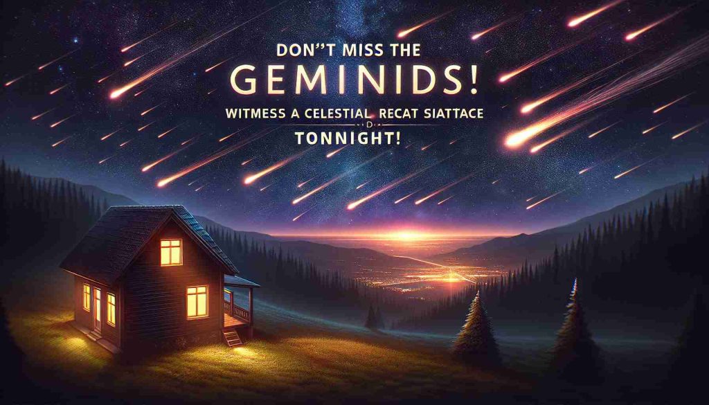 Create a detailed and realistic HD depiction of an extraordinary celestial event tonight. Show a vivid night sky full of twinkling stars with the Geminids meteor shower appearing in all its glory. Include streaks of light across the sky symbolizing the meteors' paths. The ground below is shrouded in darkness but for a nearby house throwing warm light from a window. Over the scene is the headline 'Don't Miss the Geminids! Witness a Celestial Spectacle Tonight!' in bold, eye-catching font.