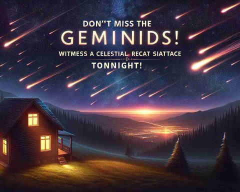 Create a detailed and realistic HD depiction of an extraordinary celestial event tonight. Show a vivid night sky full of twinkling stars with the Geminids meteor shower appearing in all its glory. Include streaks of light across the sky symbolizing the meteors' paths. The ground below is shrouded in darkness but for a nearby house throwing warm light from a window. Over the scene is the headline 'Don't Miss the Geminids! Witness a Celestial Spectacle Tonight!' in bold, eye-catching font.