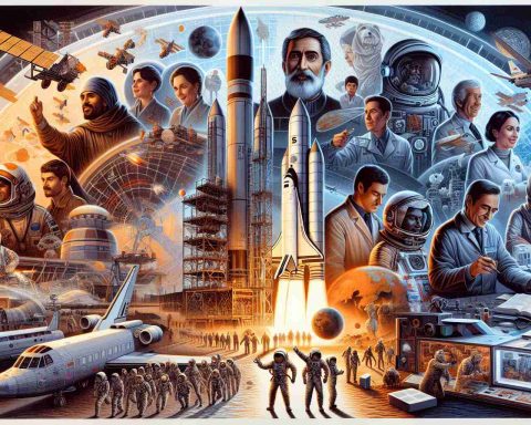 An image that vividly showcases the rise of a fictitious space organization named ULA. The composition of the image should tell the story of ULA's ascendancy in the field of space travel. The left side of the image depicts an array of scientists and engineers hard at work, variously representing a Middle-Eastern male rocket scientist, a Caucasian female aeronautical engineer, and a South Asian male astrophysicist. The middle portrays the organization's milestone achievements, including spacecraft and satellites, culminating in a journey to Mars. The right side renders ULA's envisioned future, with an advanced space station and pioneers exploring alien planets. Note that the resolution of the image should be high-definition, making it appear realistic.