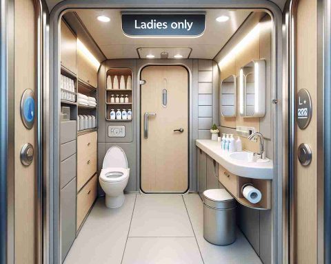 Detailed, high-definition image of a modern, freshly installed train restroom designed specifically for the comfort and utility of women. The area is clean, well-lit, and equipped with all essential amenities, including an ample amount of space, professional hygiene products, a spacious mirror, and a newly designed sink. The toilet follows the latest design trends while prioritizing comfort and usability. The sign 'Ladies Only' is clearly displayed on the door.