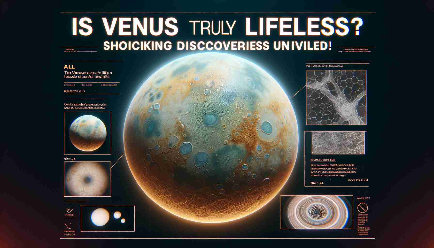 Generate a realistic, high-definition image representing the concept of new surprising discoveries revealing the potential existence of life on Venus. The image could include a detailed view of the Venusian surface, with indicators of life such as potential microbial activity or signs of water. Text on the image reads: 'Is Venus Truly Lifeless? Shocking Discoveries Unveiled!'