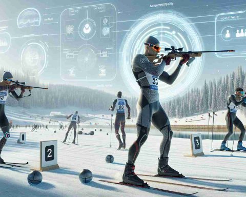 Generate a realistic, high-definition image showing how technology could transform biathlon, a winter sport. The scene should feature athletes with futuristic equipment and advanced sports tech, such as lightweight materials, smart clothing, augmented reality glasses for better precision, and digital displays for real-time stats. The environment should be a snowy landscape with a biathlon course in the distance, including targets for shooting and cross-country skiing tracks. Furthermore, ensure that the athletes reflect a variety of genders and descents, including Caucasian, Hispanic, Black, Middle-Eastern and South Asian.