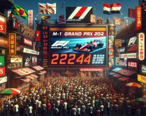 A high-definition, realistic image depicting the burgeoning excitement for the M-1 Grand Prix 2024. The scene should capture various elements such as billboards displaying the countdown, fans waving racing flags, merchandise stalls with event shirts and caps, and backgrounds filled with posters for the event. Digital counters can be seen, marking the time left for the prestigious car racing event. The colors should be vibrant and reflective of the energy and lively atmosphere associated with such a grand sporting event.