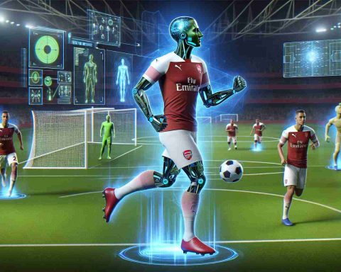 A realistic, high-definition image depicting the transformation of football training by an AI revolution. Visualize a famous yet unnamed football legend, associated with the Arsenal team, innovating ways to train on a football pitch. The image may contain scenes such as advanced football training equipment, futuristic AI technology, and footballers mid-action on the field.