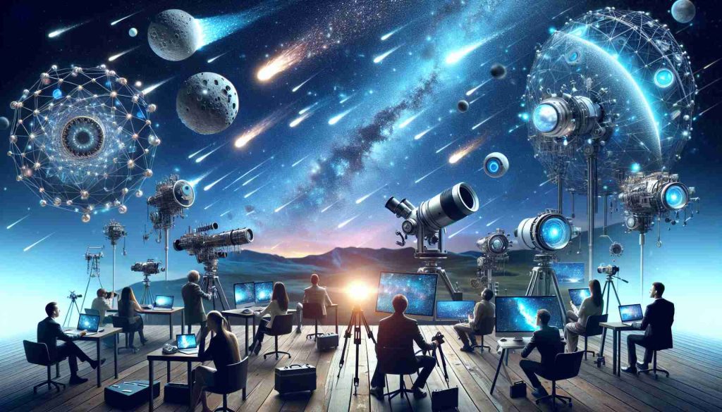 A high-definition, realistic image of a scene demonstrating the high-tech transformation of stargazing and meteor shower experiences due to Artificial Intelligence. The picture should feature a diverse group of people observing the sky with advanced instruments. This advanced technology could be represented by an array of computers, sensors, and telescopes that have futuristic designs, showing vivid sky images. In the backdrop, there's a clear, dark sky showered with stunning meteors. Capturing the essence of wonder and fascination, the image should represent the modern intertwining of science, technology, and the timeless beauty of the cosmos.