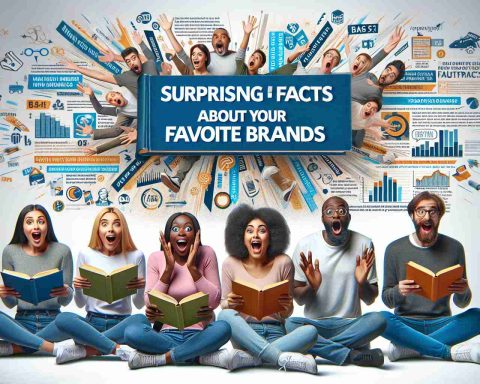 An image in High Definition capturing the sense of surprise and discovery. Featured are people of diverse descents, including Middle Eastern, Hispanic, Caucasian, Black, and South Asian, expressing shock and joy as they uncover unexpected facts about popular products. Books and infographics splayed out in front of them with the heading 'Surprising Facts About Your Favorite Brands'. The image has a clean, professional look with bright colors and sharp contrasts.