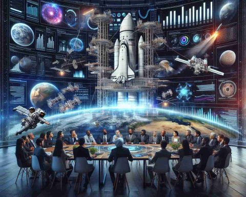 A highly detailed, realistic image presenting an opportunity for investors to join the space exploration field. In the scene, a group of diverse investors including men and women of Hispanic, Black, Caucasian, Middle-Eastern, and South Asian descent gather around a large table with a holographic projection of space stations, rockets, and planets. Spectacular graphs and statistics indicative of growth potential in the space industry are displayed on virtual screens around the table. A banner hanging from the ceiling reads: 'Here’s Your Chance to Enter the Space Race!'