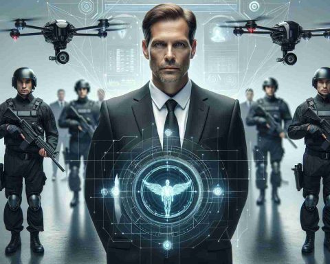 High-quality, realistic photograph showing a security scene, where an AI technology is leading the security detail instead of traditional human bodyguards. Depict a central figure who appears to be a prominent tech entrepreneur, not referring to or resembling any specific person. The entrepreneur could be Caucasian male with short, receding brown hair. Surround him with AI elements which might include drones, robotic elements or digitized security systems demonstrating advanced capabilities.