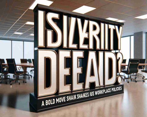 A hyperrealistic image featuring the text 'Is Diversity Dead? A Bold Move Shakes Up Workplace Policies.' The text should appear in a bold and assertive font, suggesting a controversial and provocative subject. In the background, opt for a neutral, corporate setting such as an empty conference room. This should not illustrate any explicit political or personal figure, focusing strictly on the topical query related to diversity within workplaces.