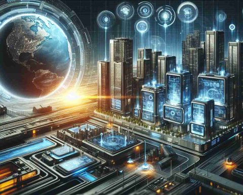 A detailed, high-definition image showcasing the futuristic concept of 'Systemio'. Depict advanced technology devices and infrastructure that are seamlessly integrated. The scene should evoke a strong sense of worldwide connectivity and interaction. Images could include futuristic buildings, infrastructures specifically designed to accommodate these high-tech devices, and possibly a globe or world map in the background indicating global reach.