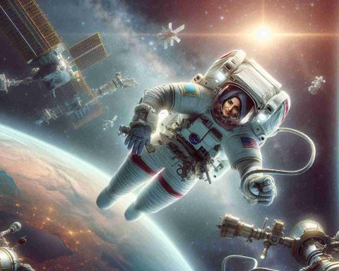 Create a high-definition image showing the scene of a historic spacewalk. The central figure should be a South Asian woman astronaut, depicting her adeptly performing her spacewalk tasks. Make sure to represent the vastness of space around her. Is she going to break her own record for time spent in space? Add details like the Earth in the background, floating equipment and cables to provide a realistic representation of an exhilarating spacewalk.