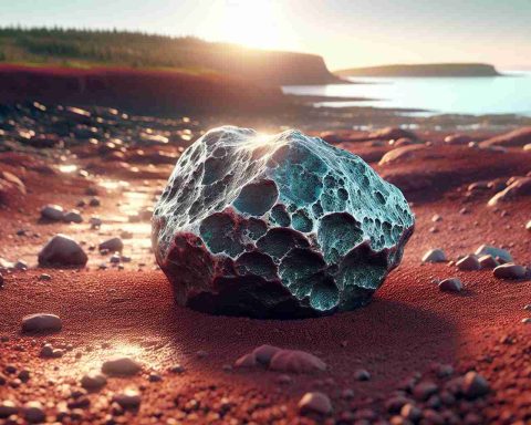 Realistic high-definition image of a historical meteorite, confirmed for the first time to have landed in Prince Edward Island. The meteorite should appear embedded in the ground, surrounded by the distinctive reddish soil of the island. The sunlight is glancing off the meteorite, highlighting its unique and lovely composition. Keep the focus on the meteorite while incorporating elements of the local landscape in the background.