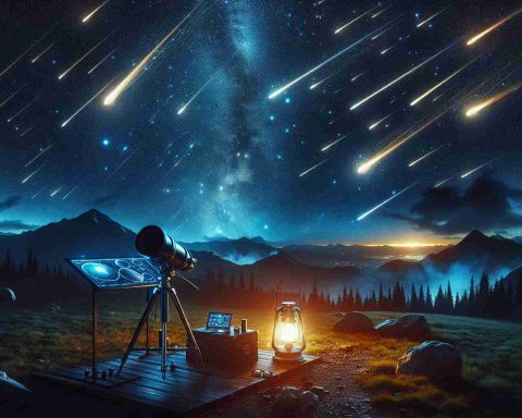 Create a realistic, high-definition image depicting an insightful scene of meteor spotting. The scene should be under new, revolutionary light technology that's enhancing the art of stargazing. Envision glowing trails of meteors streaking across the night sky, beautifully accentuated by this cutting-edge technology. Include details such as a powerful telescope, a digital star map and other advanced gadgets enthusiasts may use. This fusion of nature and technology serves as a testament to human innovation in pursuit of understanding the cosmos.