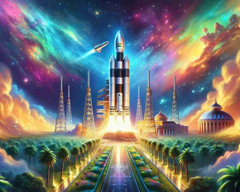 Create a vivid, high-definition illustration symbolizing the new era of India's space revolution. Show a large, shiny metallic rocket launching off from a sprawling spaceport surrounded by lush palm trees, symbolizing India's tropical landscape. Include a vibrant sky filled with colourful nebulas and twinkling stars. Convey the feeling of anticipation, hope, and progress and subtly incorporate elements of traditional Indian culture in the architecture of the launch site and the mission patch on the rocket.